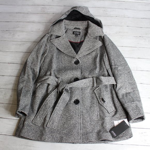 Jones New York Women's Gray Black Belted Winter Coat Jacket Size XL 16 18 - Picture 1 of 6